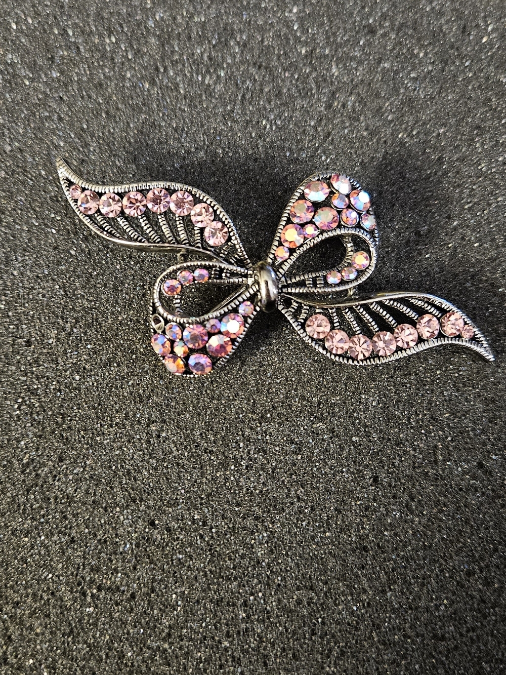 Vintage Pink Crystal Bow Brooch with Aurora Borealis Accents.